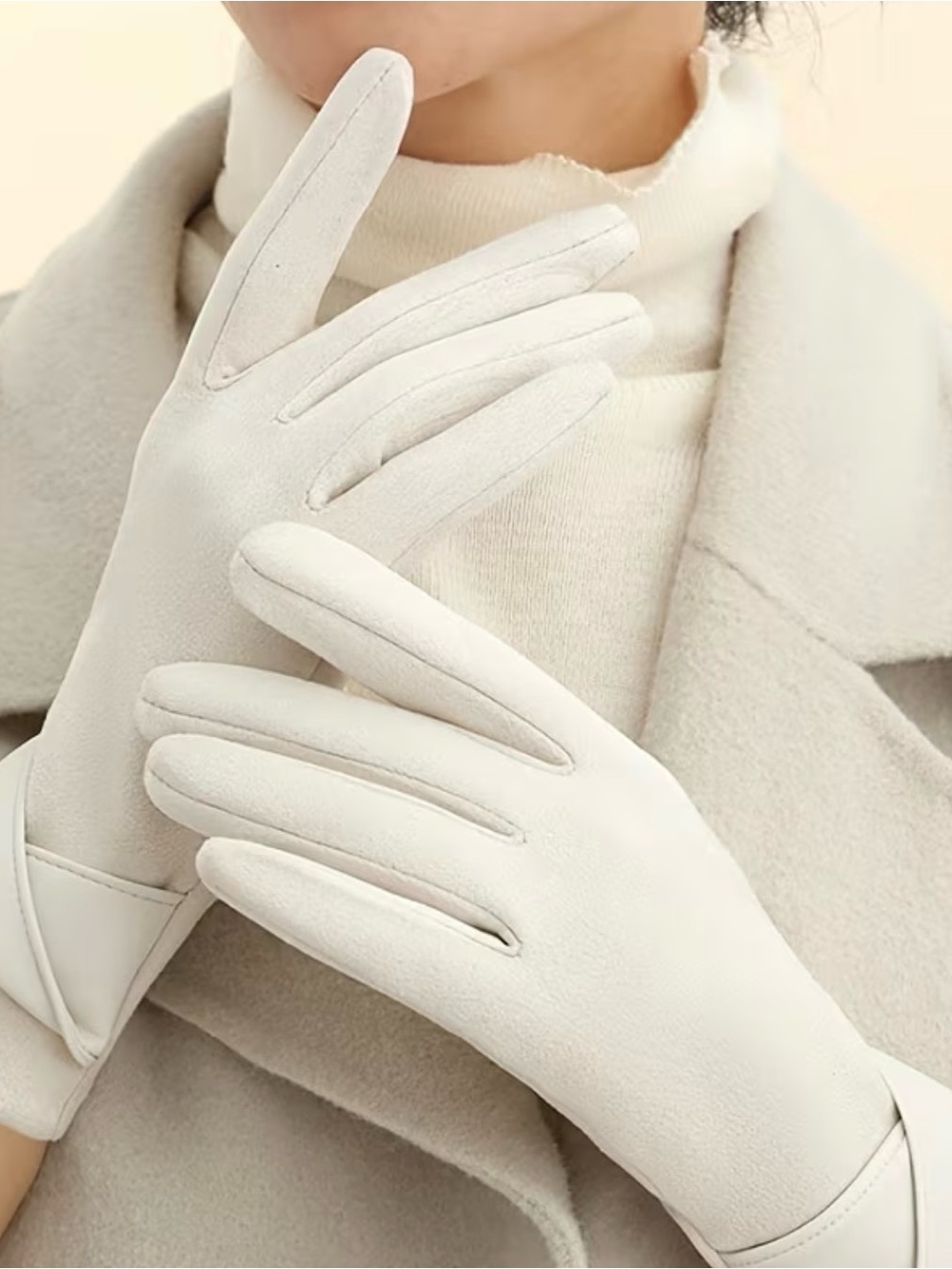 Women's Cream Winter Gloves with Crossed Trim Detail - Picture 2 of 4